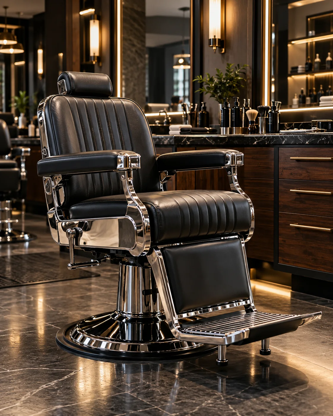 A premium barbershop chair in a dark, polished shop
