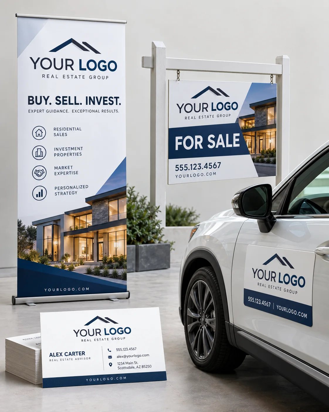A real estate business card, yard sign, banner and vehicle magnet in matching branding
